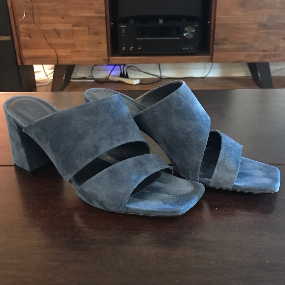 Blue Suede Block Heel Mules - Women